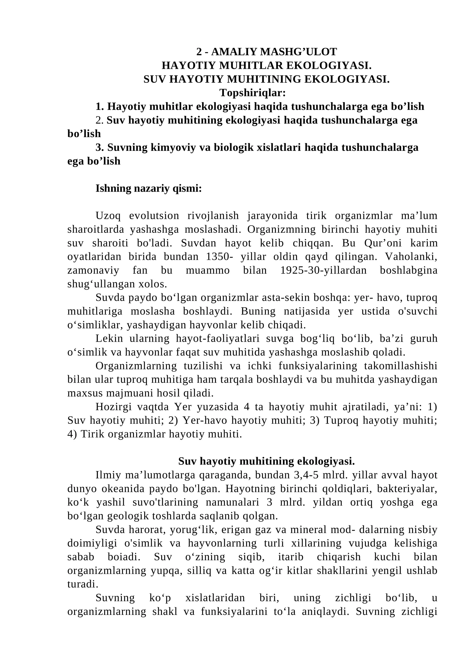 HAYOTIY MUHITLAR EKOLOGIYASI