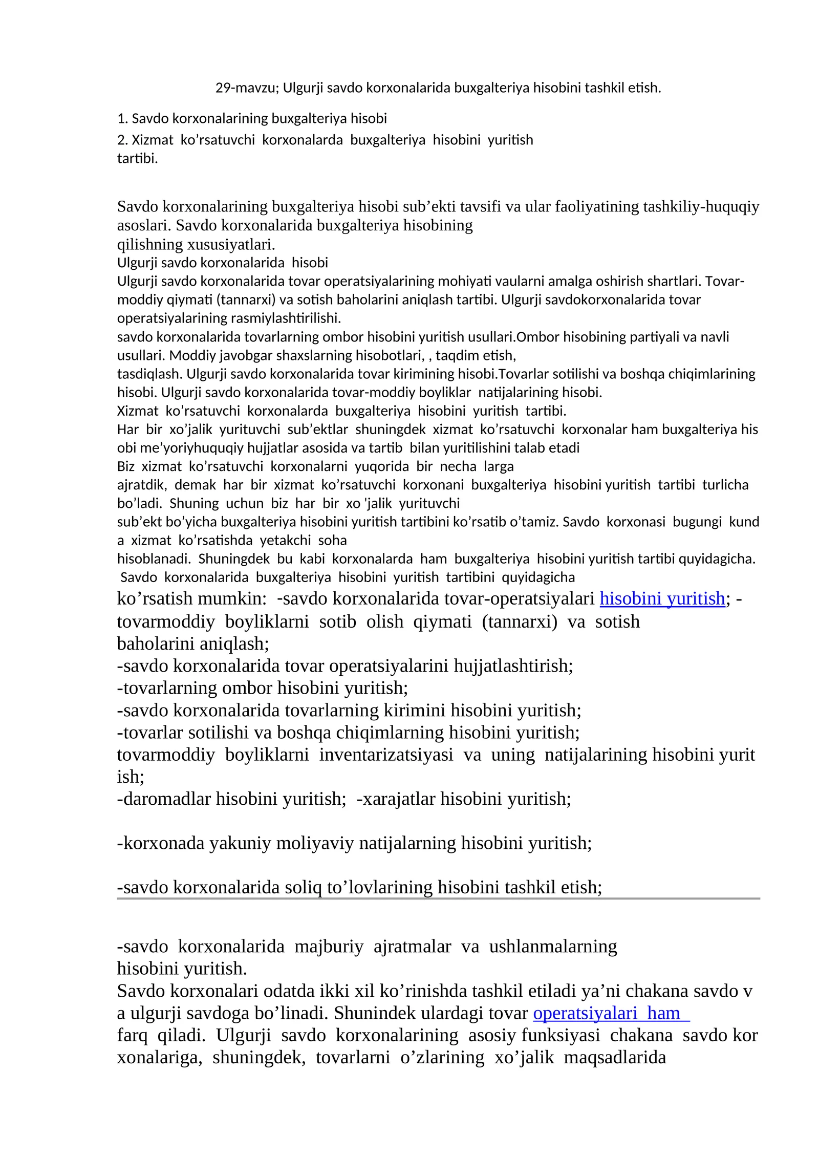 Ulgurji savdo korxonalarida buxgalteriya hisobini tashkil etish