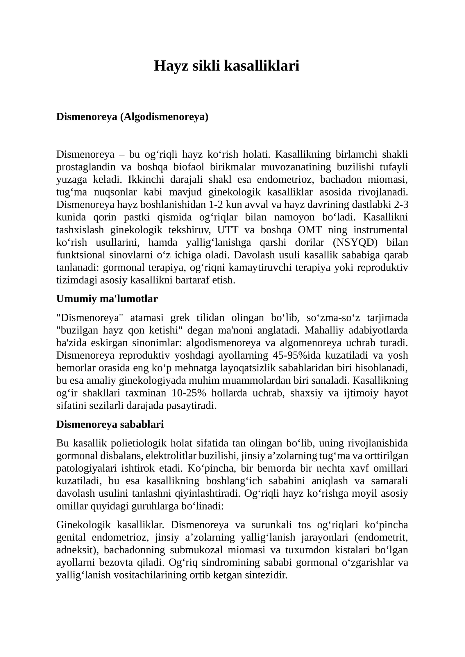 Hayz sikli kasalliklari