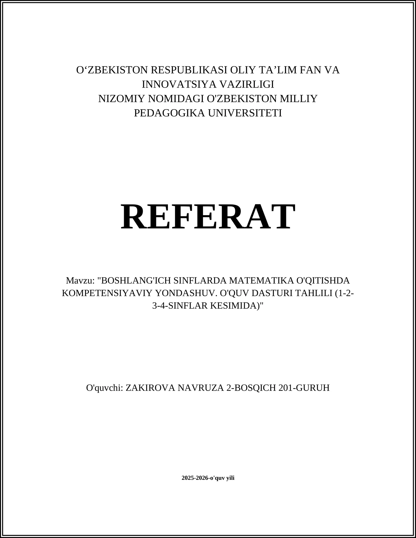 "Kompetensiyalar asosida 1–4-sinflar uchun matematika o'quv dasturi tahlili"