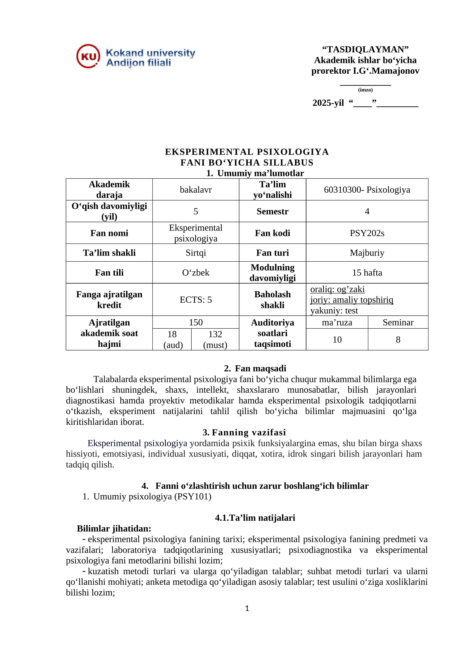 EKSPERIMENTAL PSIXOLOGIYA FANI BO‘YICHA SILLABUS