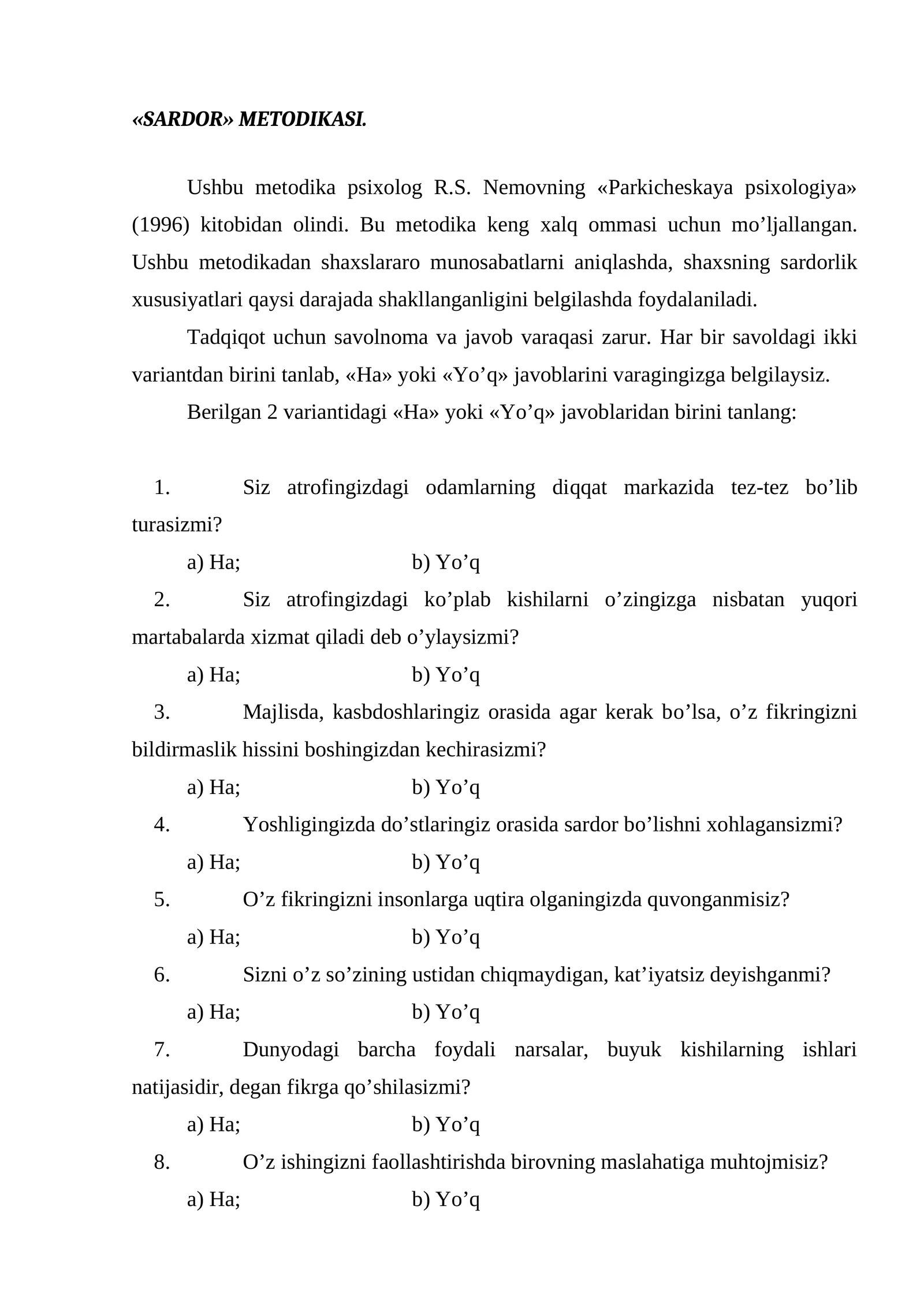 «SARDOR» METODIKASI
