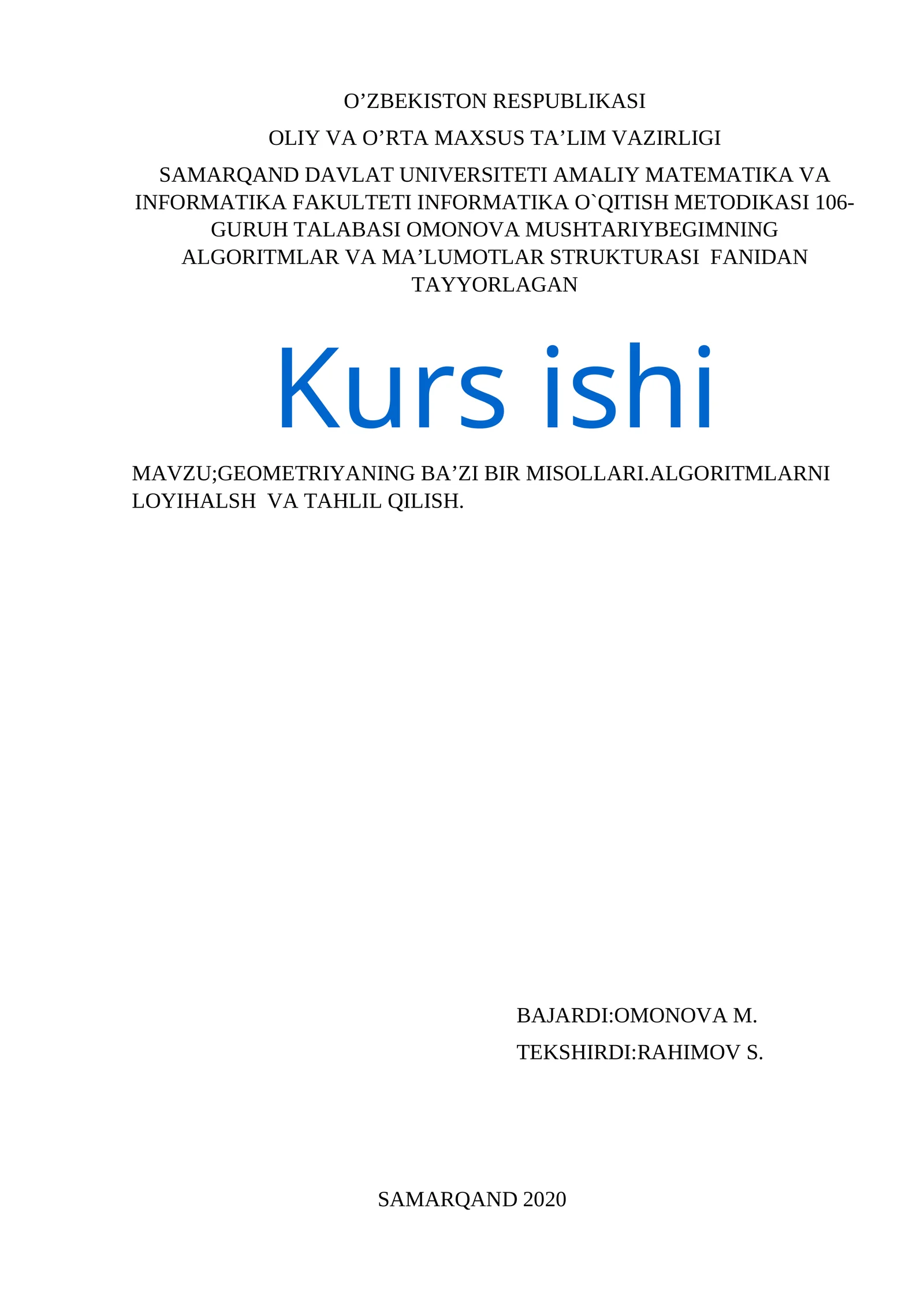 GEOMETRIYANING BA’ZI BIR MISOLLARI.ALGORITMLARNI LOYIHALSH VA TAHLIL QILISH