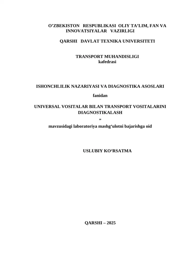 UNIVERSAL VOSITALAR BILAN TRANSPORT VOSITALARINI DIAGNOSTIKALASH