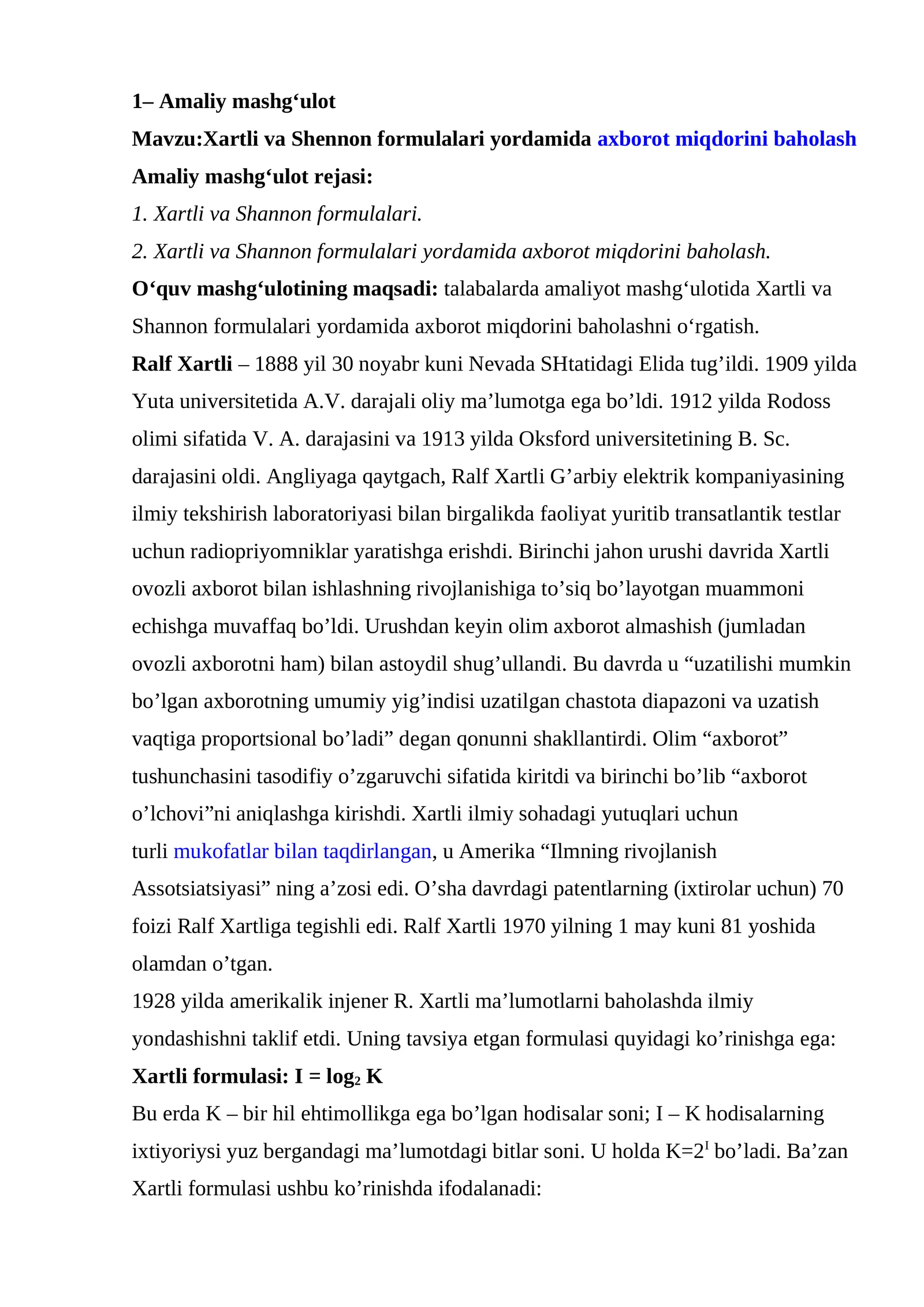 Xartli va Shennon formulalari yordamida axborot miqdorini baholash