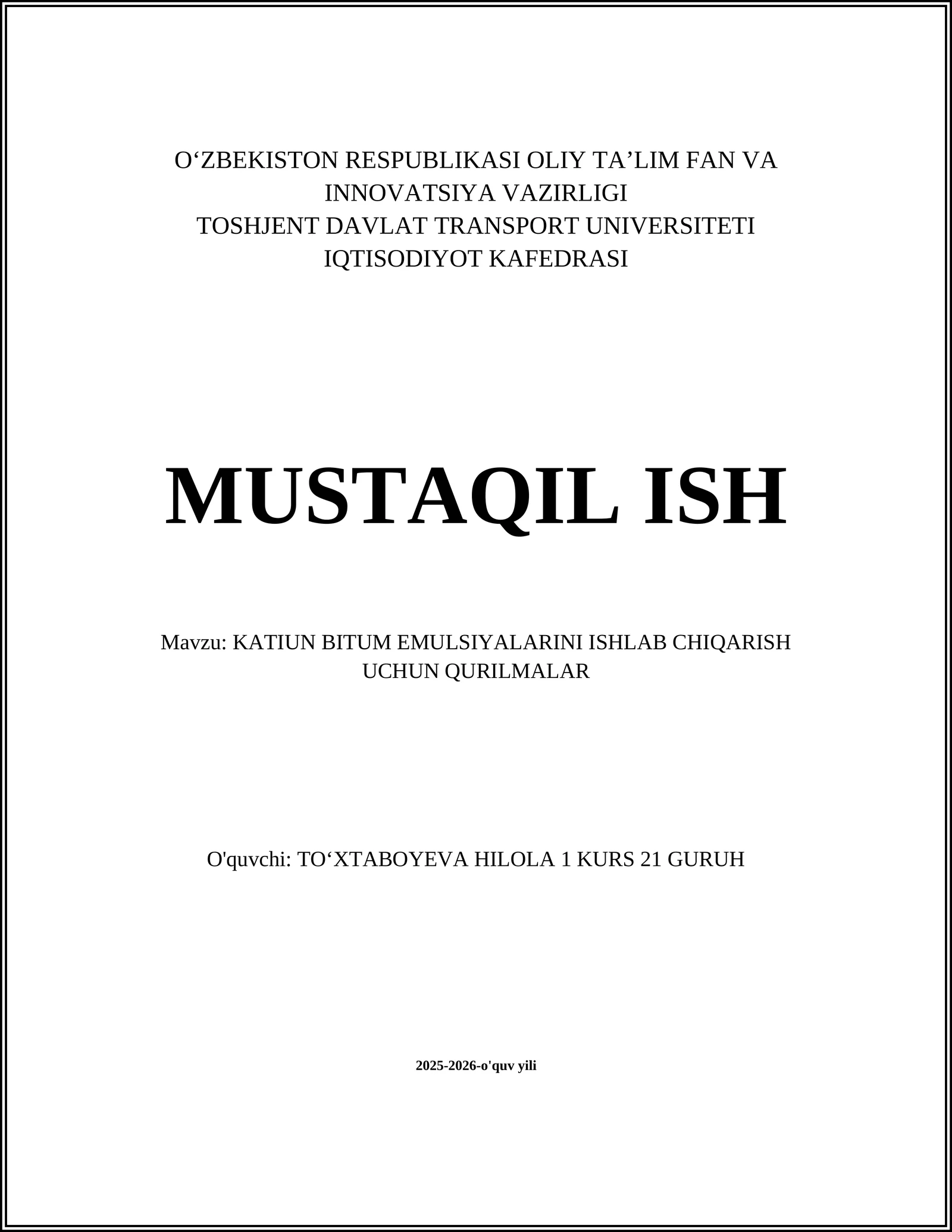 KATIUN BITUM EMULSIYALARINI ISHLAB CHIQARISH UCHUN QURILMALAR