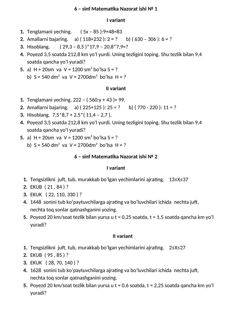 6-SINF MATEMATIKA YOZMA ISH