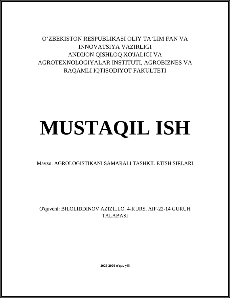 AGROLOGISTIKANI SAMARALI TASHKIL ETISH SIRLARI