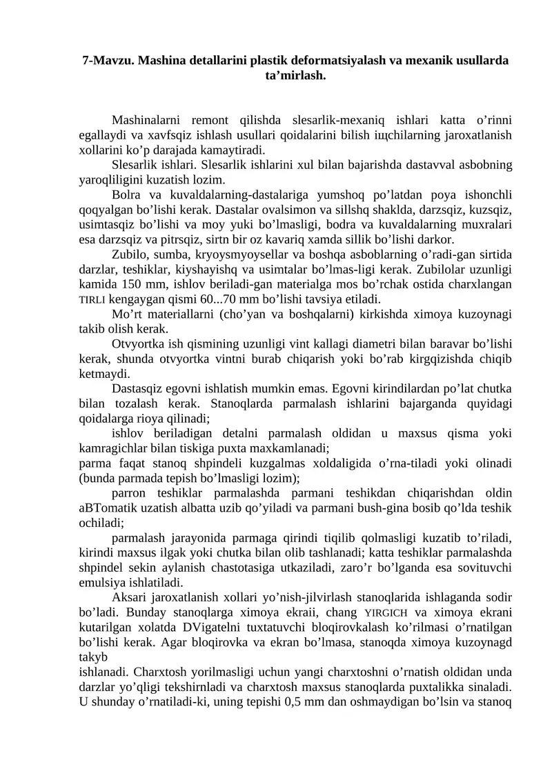 Mashinadagi slesarlik ishlari