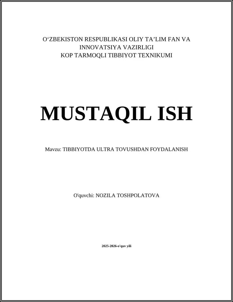 TIBBIYOTDA ULTRA TOVUSHDAN FOYDALANISH