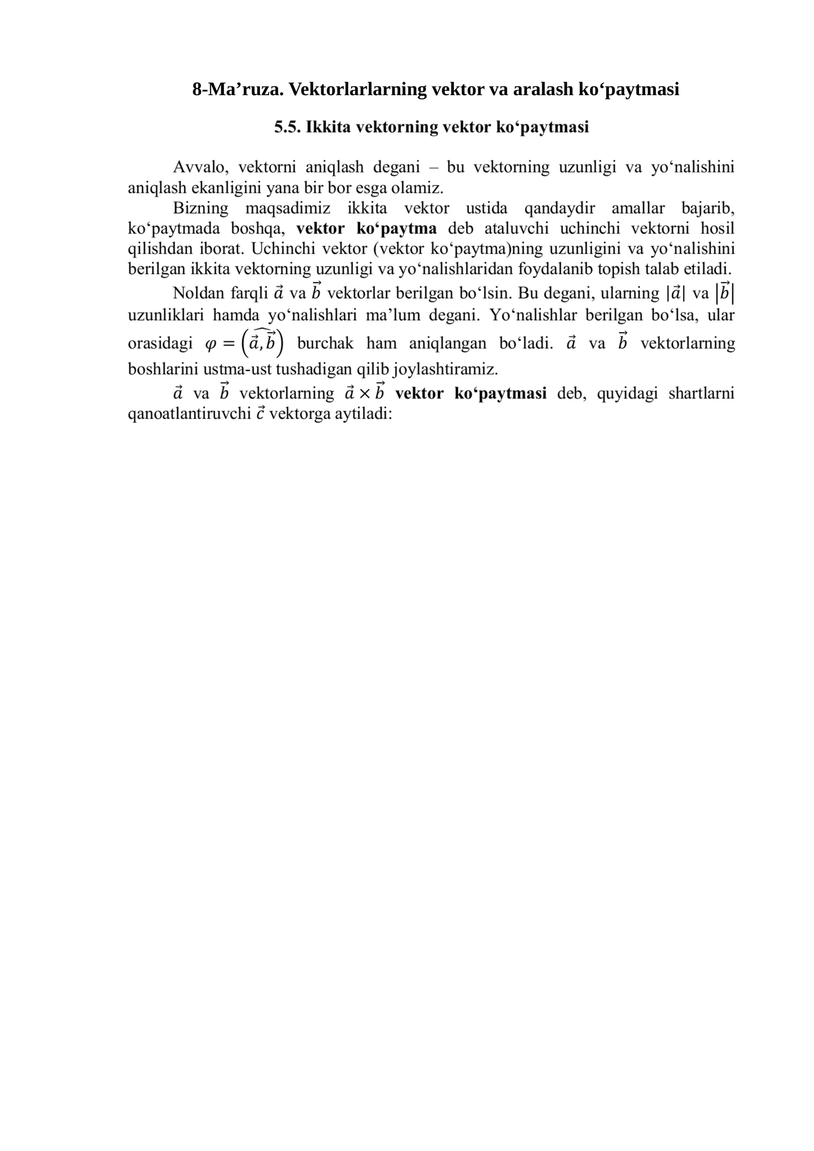 8-Ma’ruza. Vektorlarlarning vektor va aralash koʻpaytmasi