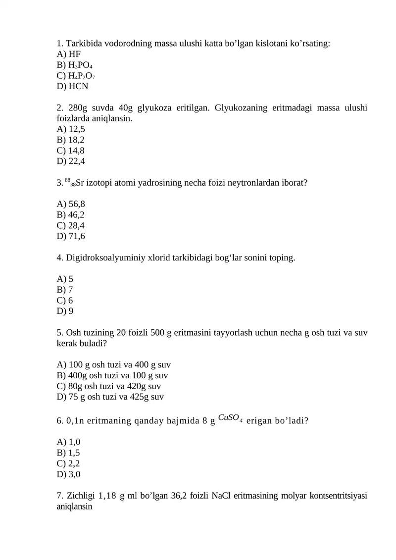 Osh tuzining 20 foizli 500 g eritmasini tayyorlash