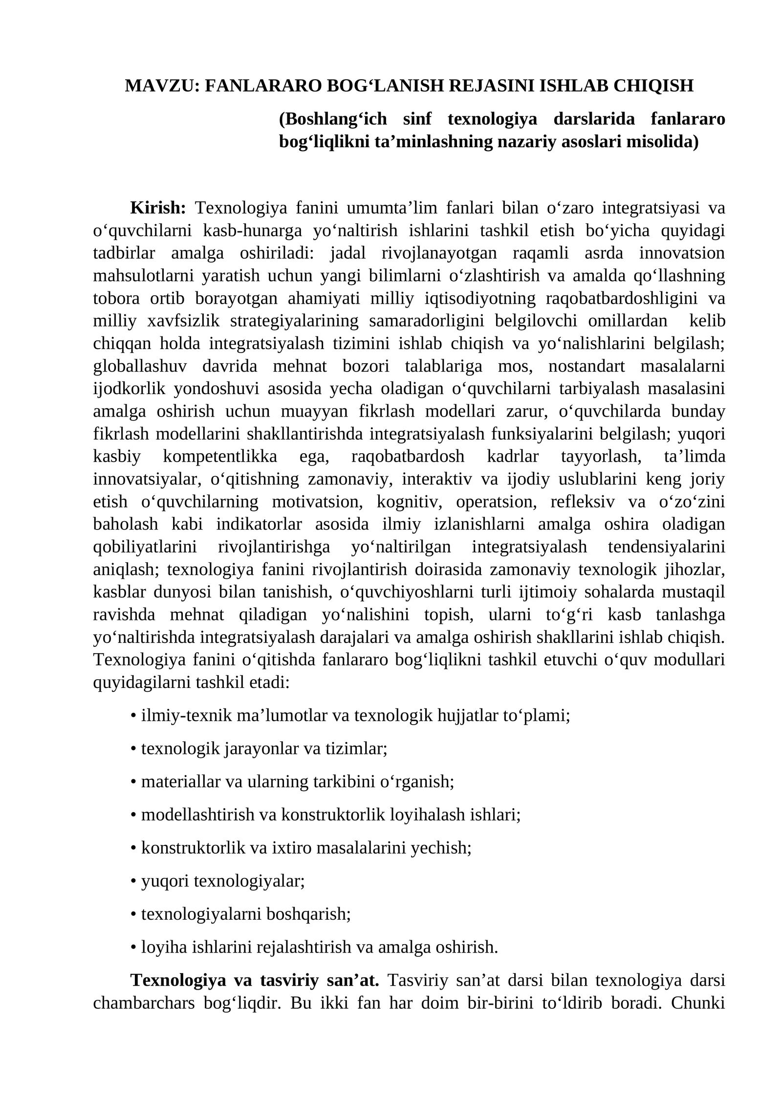 FANLARARO BOG‘LANISH REJASINI ISHLAB CHIQISH