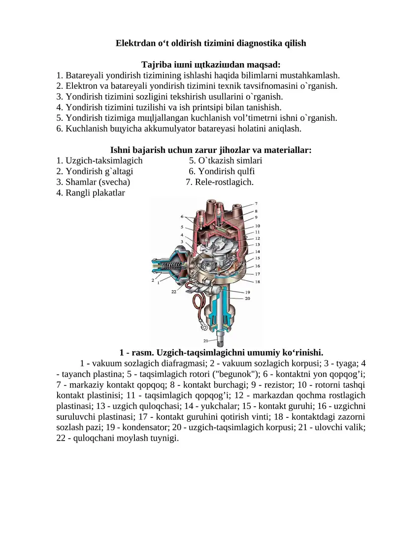 Elektrdan o‘t oldirish tizimini diagnostika qilish
