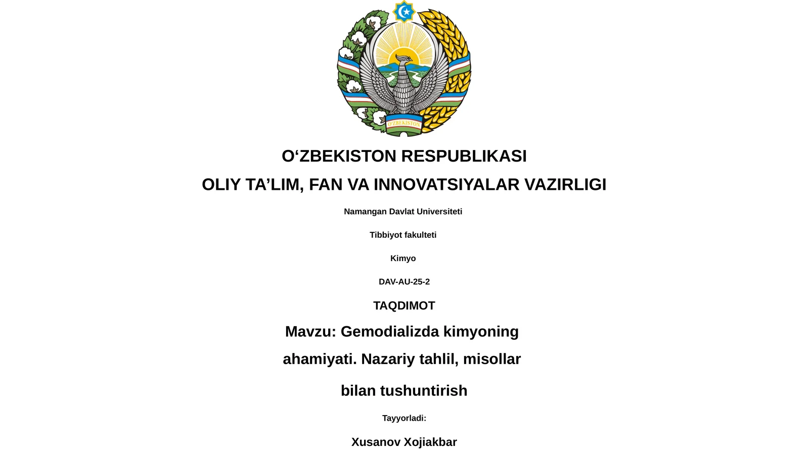 Gemodializda kimyoning ahamiyati. Nazariy tahlil, misollar bilan tushuntirish