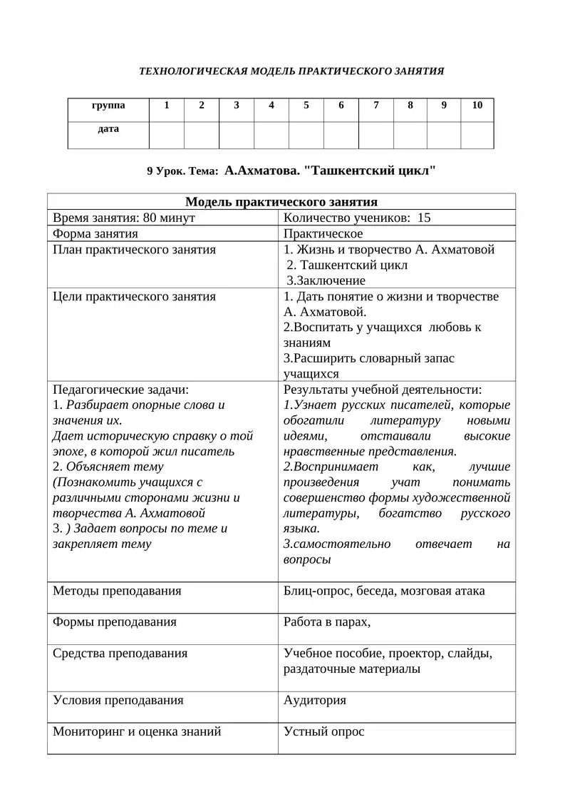 Модель практического занятия