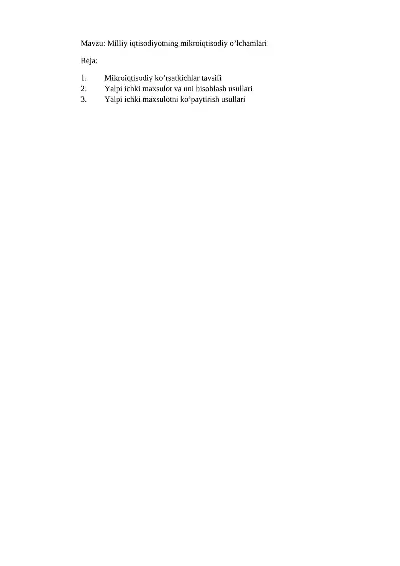 Milliy iqtisodiyotning mikroiqtisodiy o’lchamlari