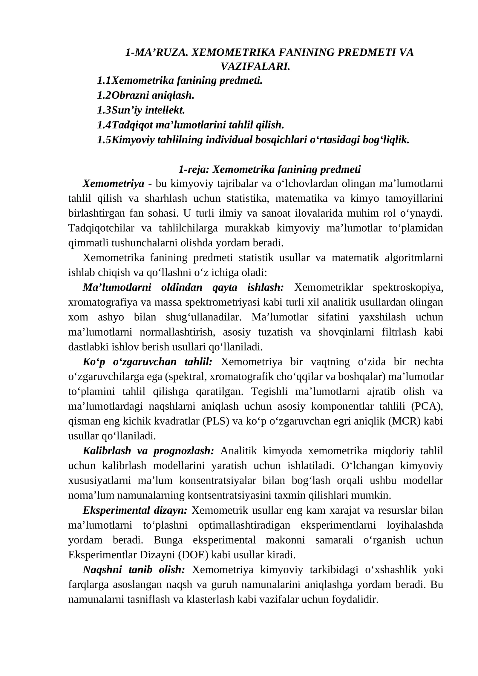 1-MA’RUZA. XEMOMETRIKA FANINING PREDMETI VA VAZIFALARI