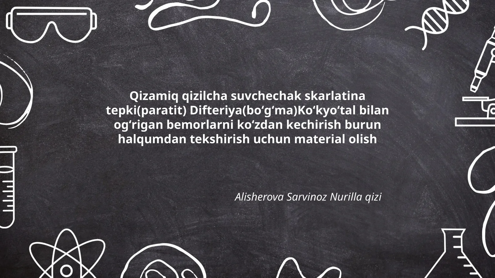 Qizamiq qizilcha suvchechak skarlatina tepki(paratit) Difteriya(boʻgʻma)Koʻkyoʻtal bilan ogʻrigan bemorlarni koʻzdan kechirish burun halqumdan tekshirish uchun material olish