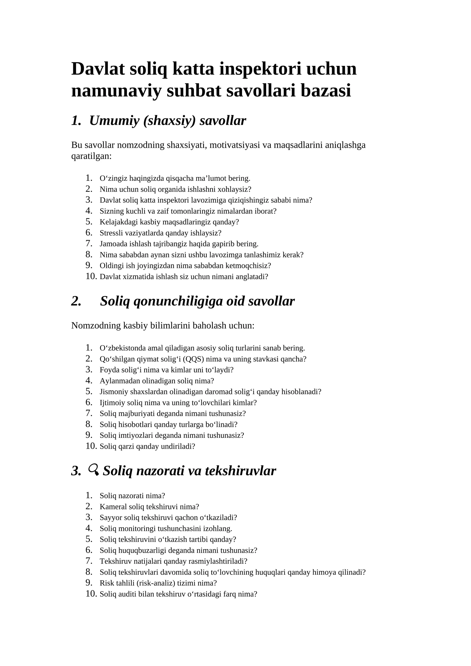 Davlat soliq katta inspektori uchun namunaviy suhbat savollari bazasi
