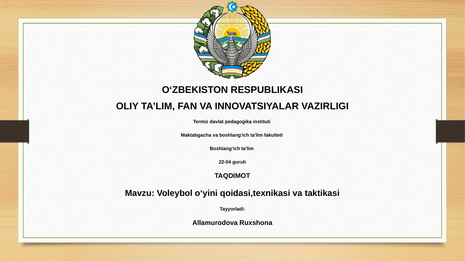 Voleybol oʻyini qoidasi,texnikasi va taktikasi