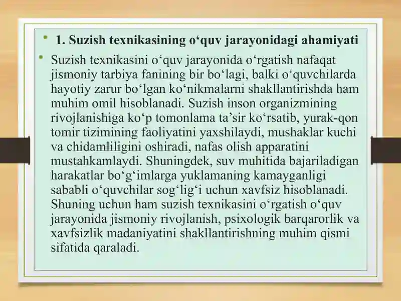 Suzish usullarining texnikasini o‘rgatish