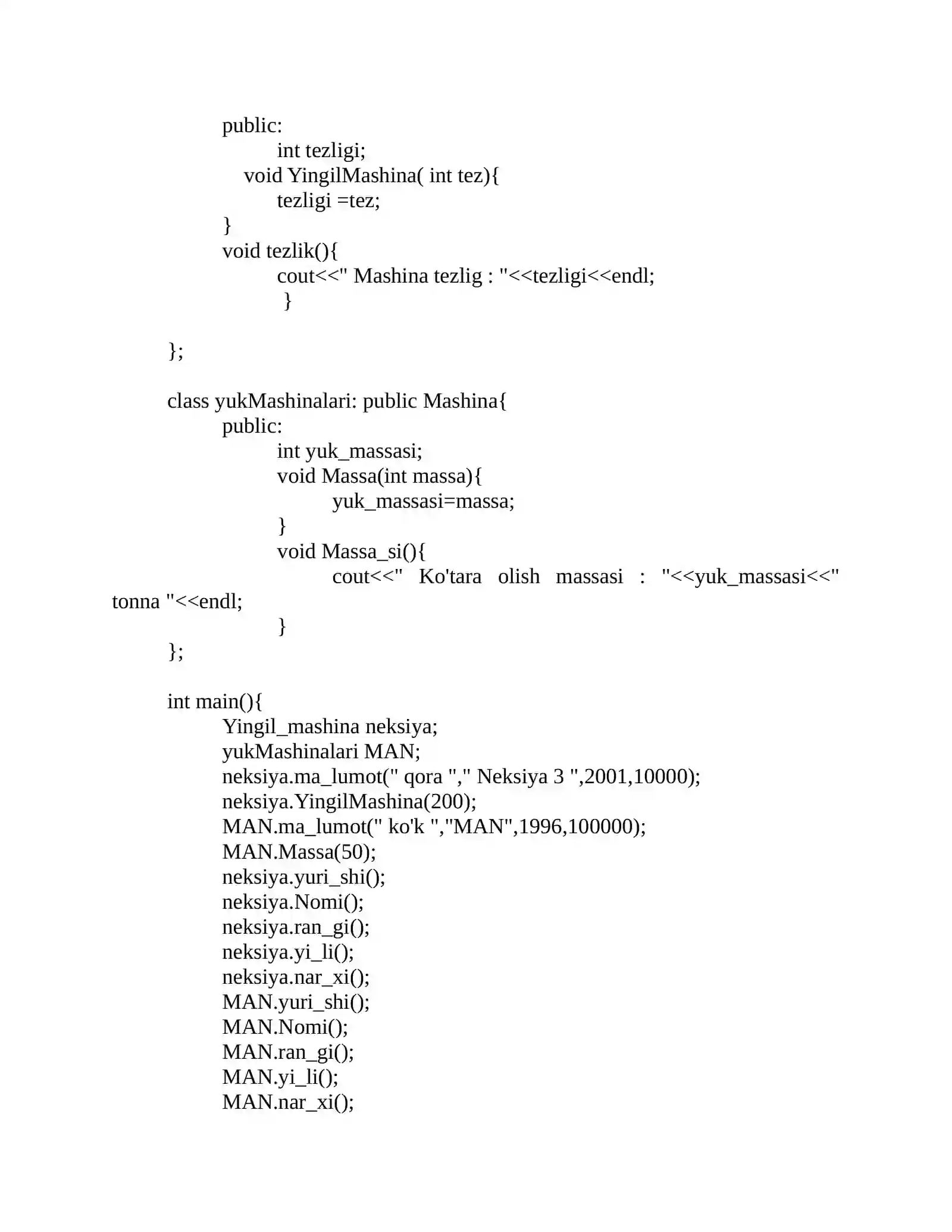 Mashina vorislik haqida kod c++ da