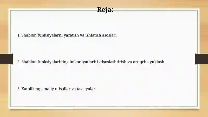 Kunc Kesen Shablon Shablon funksiyalar yaratish va ulardan foydalanish