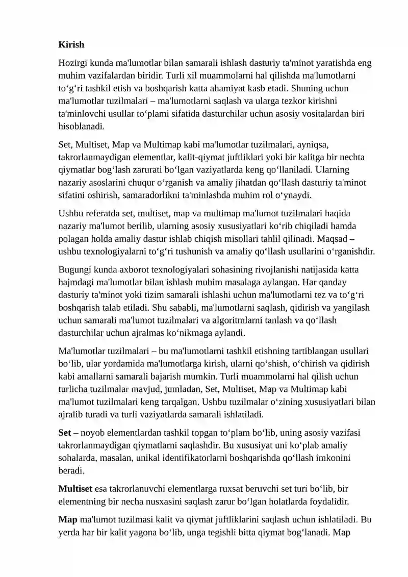 Set, Multiset, Map va Multimap texnologiyalari
