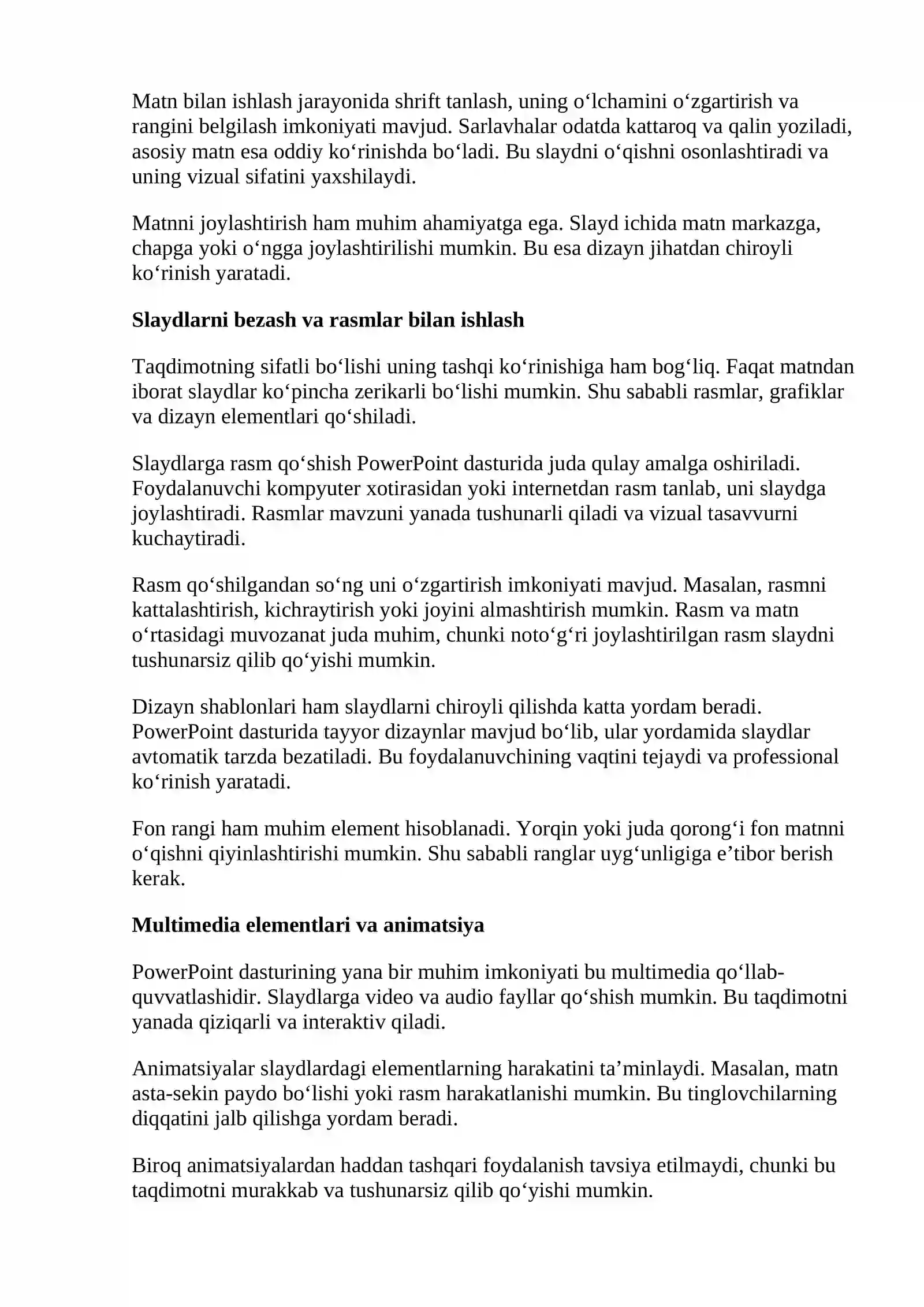 Taqdimotlar (PowerPoint) yaratish — slaydlar, matn va rasmlar bilan ishlash