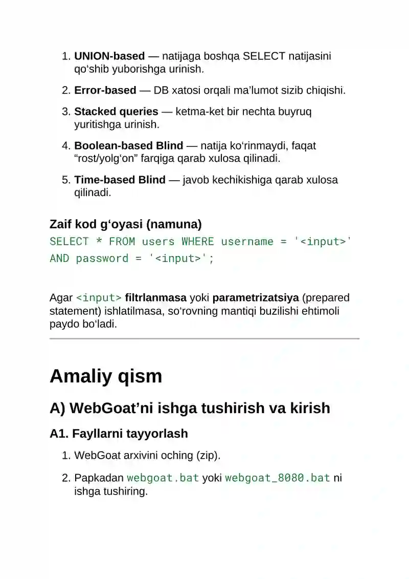 OWASP WebGoat simulyatorida SQL Injection (Blind va String) zaifligini ...