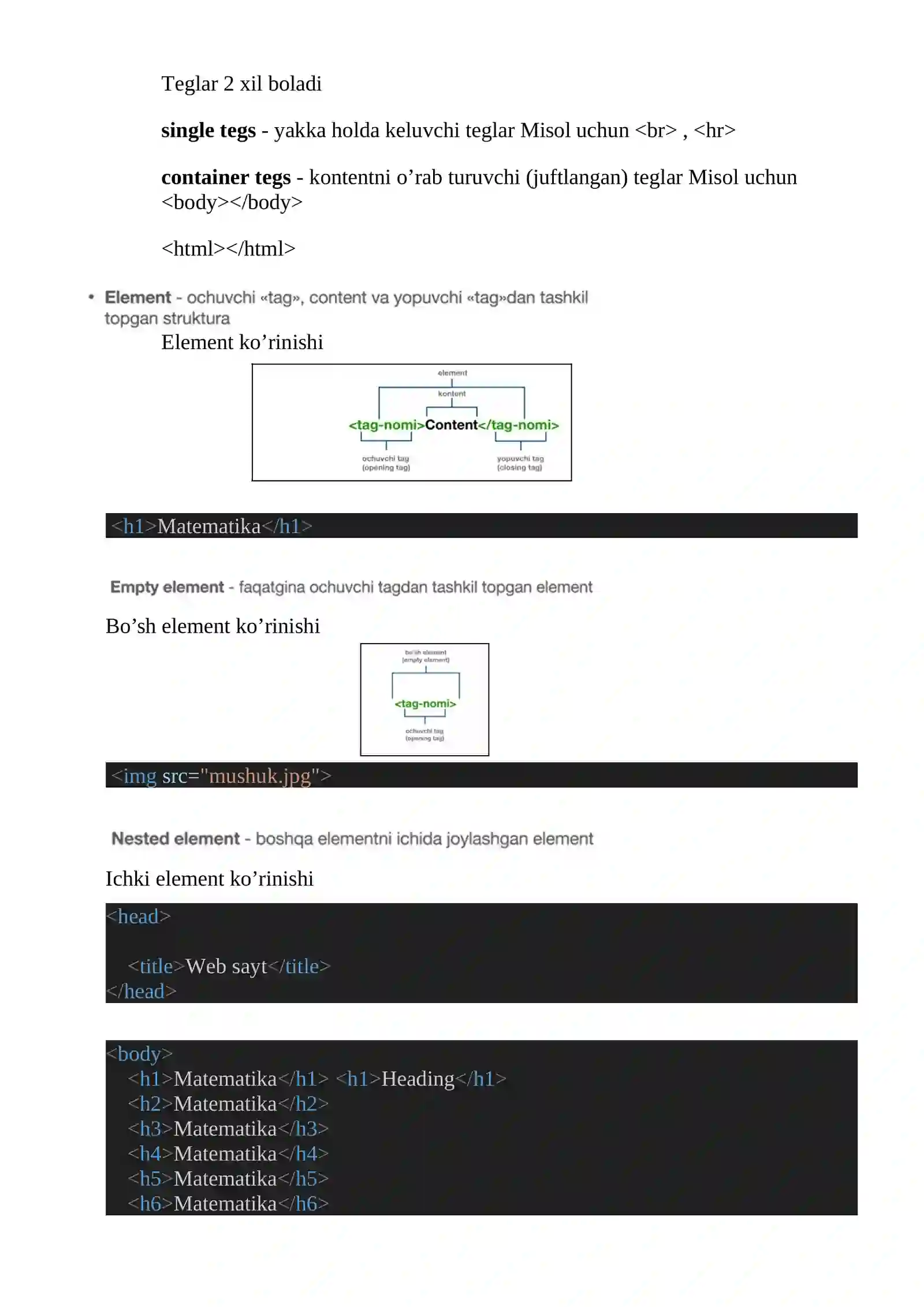 HTML tilida web sahifa yaratish. HTML tiliga kirish, uning asoisy ...