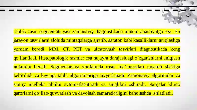 Tibbiy rasm segmentatsiyasi: Saratonni aniqlashda qo‘llanmalar