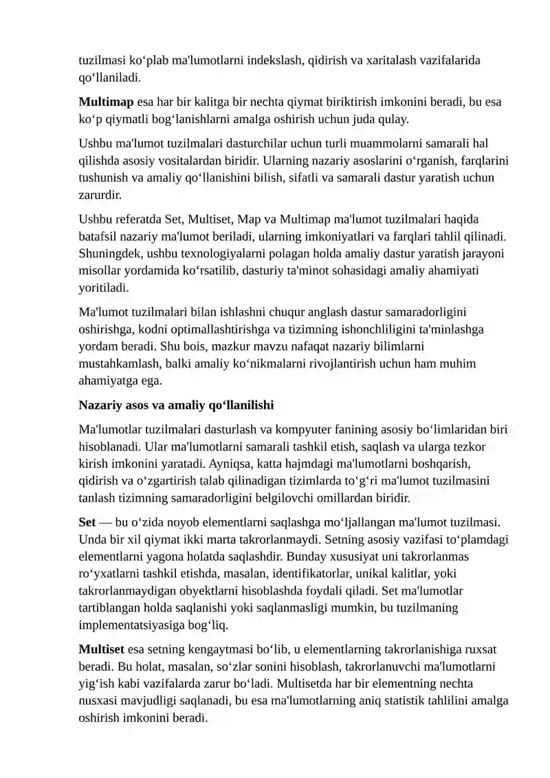 Set, Multiset, Map va Multimap texnologiyalari