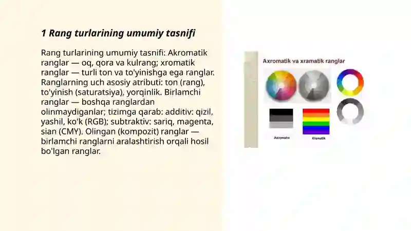 Rang turlari. Akromatik va xromatik ranglar. Rang doirasi. Birlamchi va ...