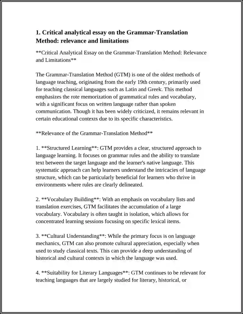 Critical Analytical Essay on the Grammar-Translation Method: Relevance ...