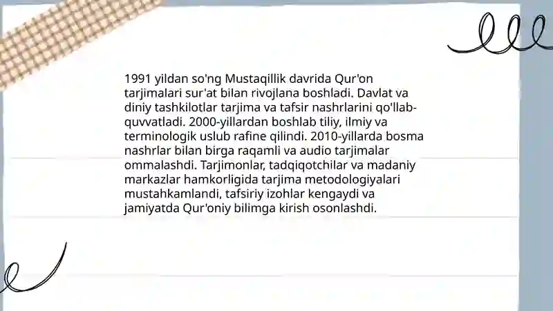 Mustaqillik yillarida Qur'onning o'zbek tiliga tarjima qilinishi va ...