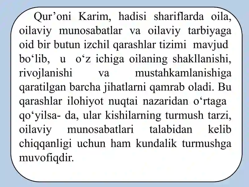 O‘zbekistonda oila tarbiyasiga oid muhim qarashlarda Islom dini ...