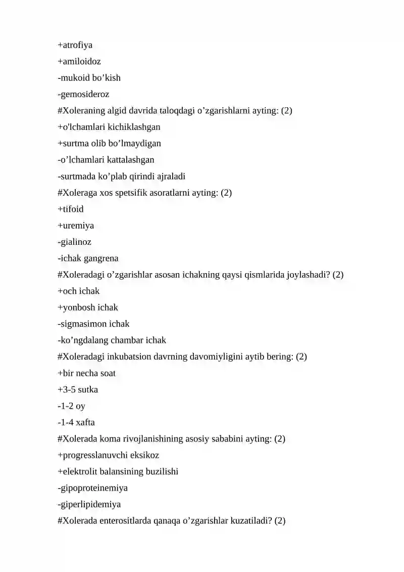 Patologik anatomiya fanidan 300 talik test, 2 talik javoblari bilan