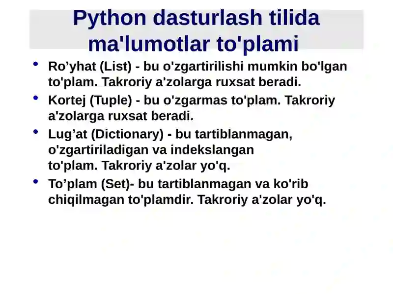 Python dama’lumotlar tuzilmalari va turlari