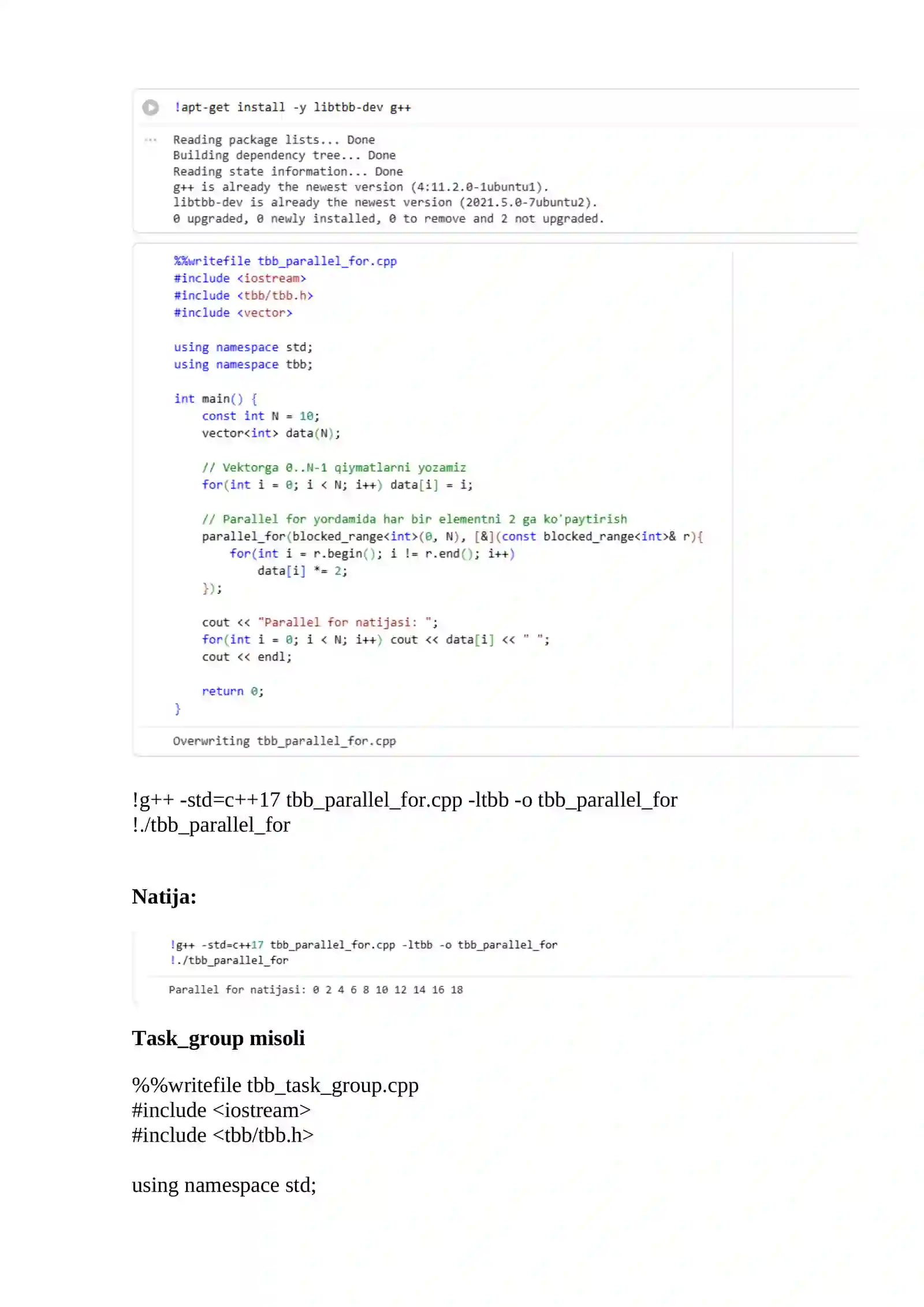 Intel Threading Building Blocks yordamida parallel dasturlash.