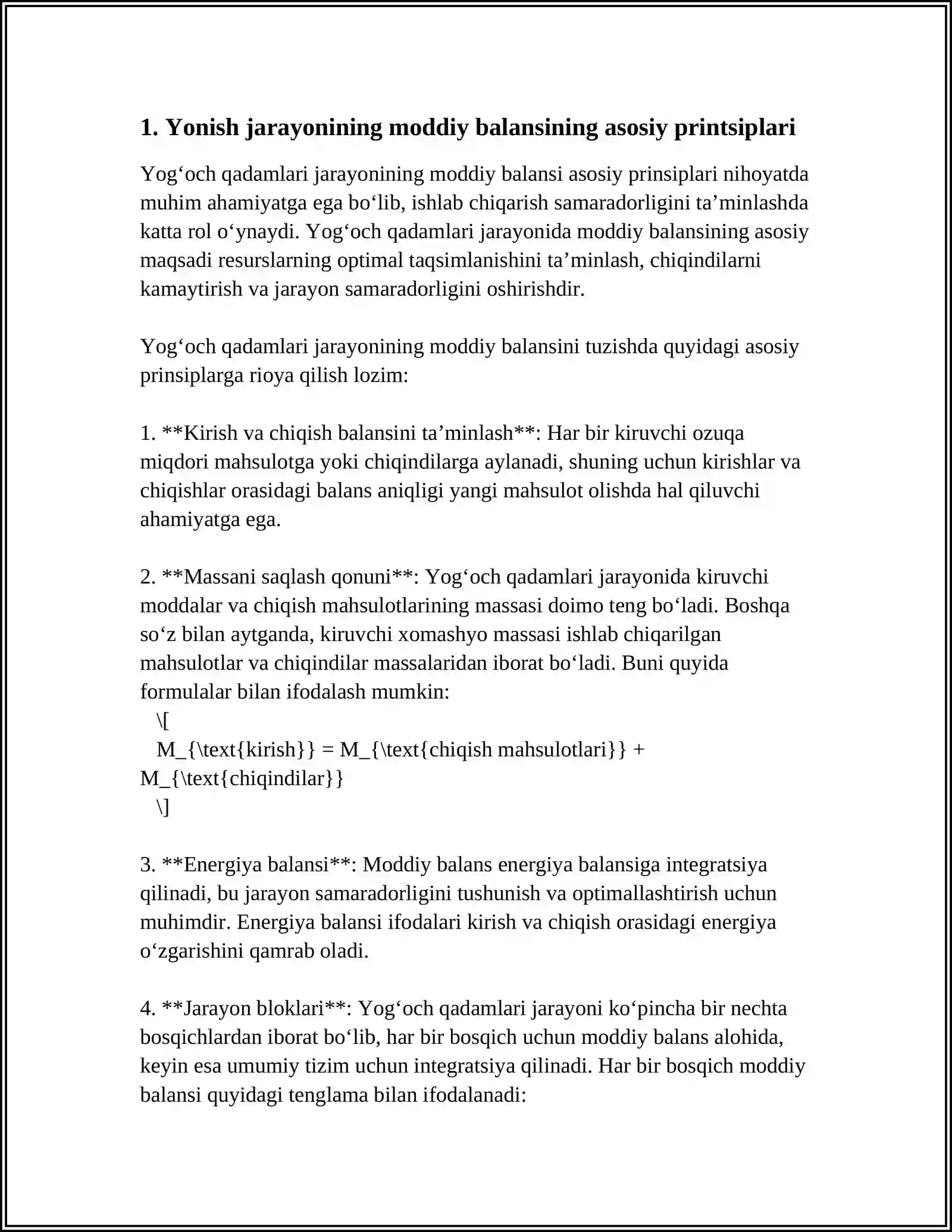 YONISH JARAYONINING MODDIY VA ISSIQLIK BALANSI