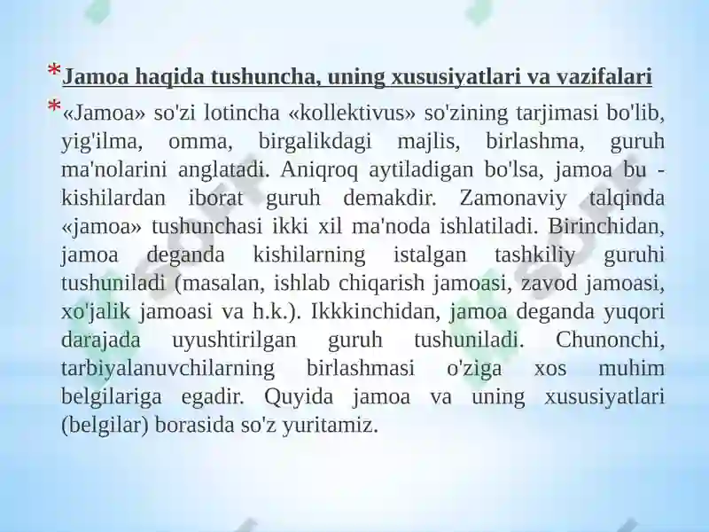 Jamoa tarbiya ob’yekti va sub’ekti sifatida.Tarbiyaningumumiymetodlari ...