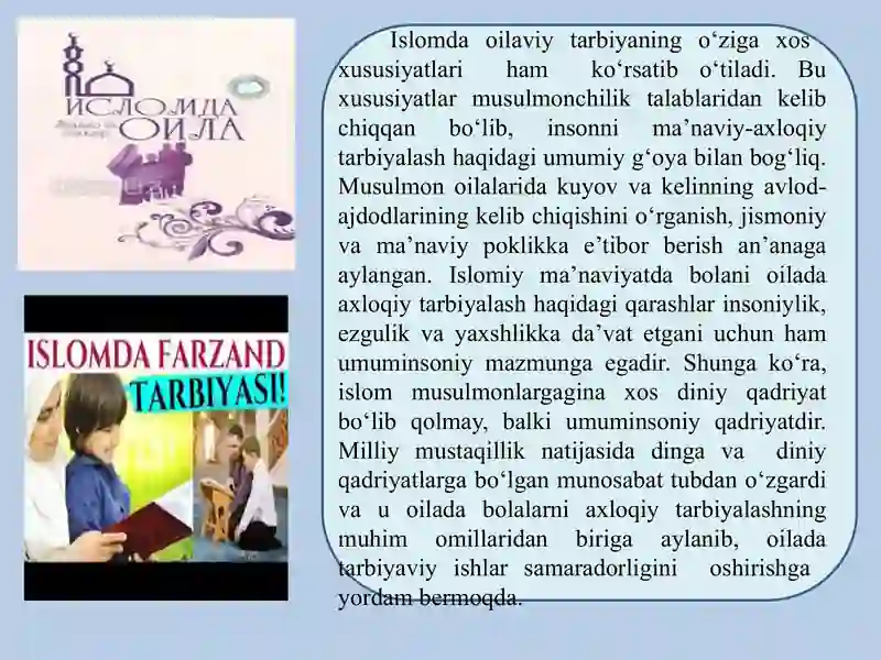 O‘zbekistonda oila tarbiyasiga oid muhim qarashlarda Islom dini ...