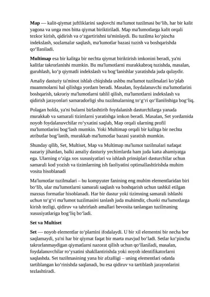Set, Multiset, Map va Multimap texnologiyalari