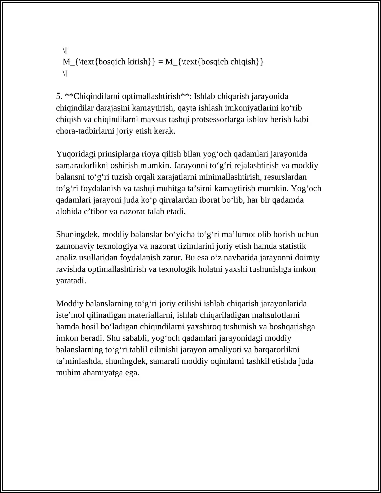 YONISH JARAYONINING MODDIY VA ISSIQLIK BALANSI