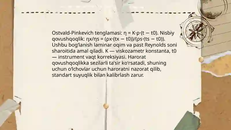 Ostvald-Pinkevich viskozametri yordamida nomaʼlum suyuqlikning ...