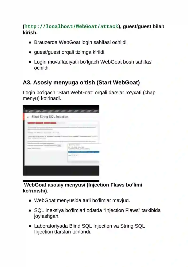 OWASP WebGoat simulyatorida SQL Injection (Blind va String) zaifligini ...