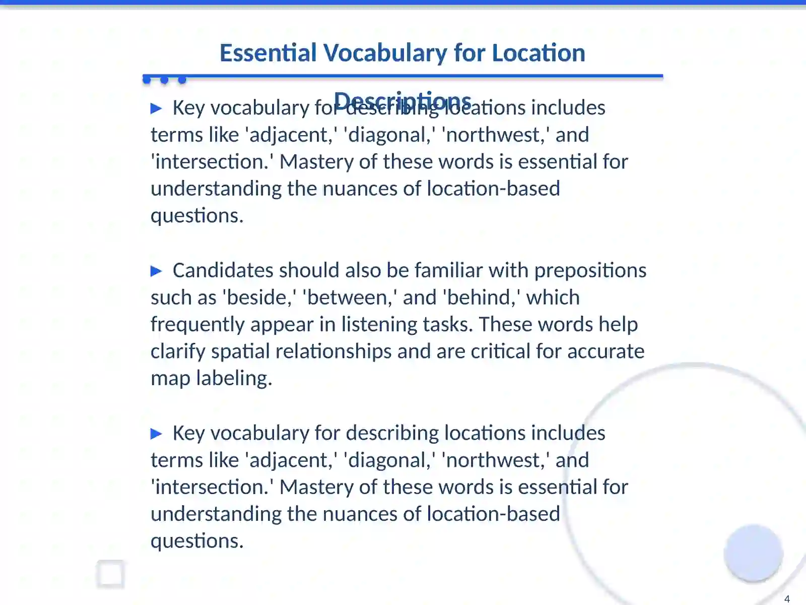 IELTS listening. Describing a location