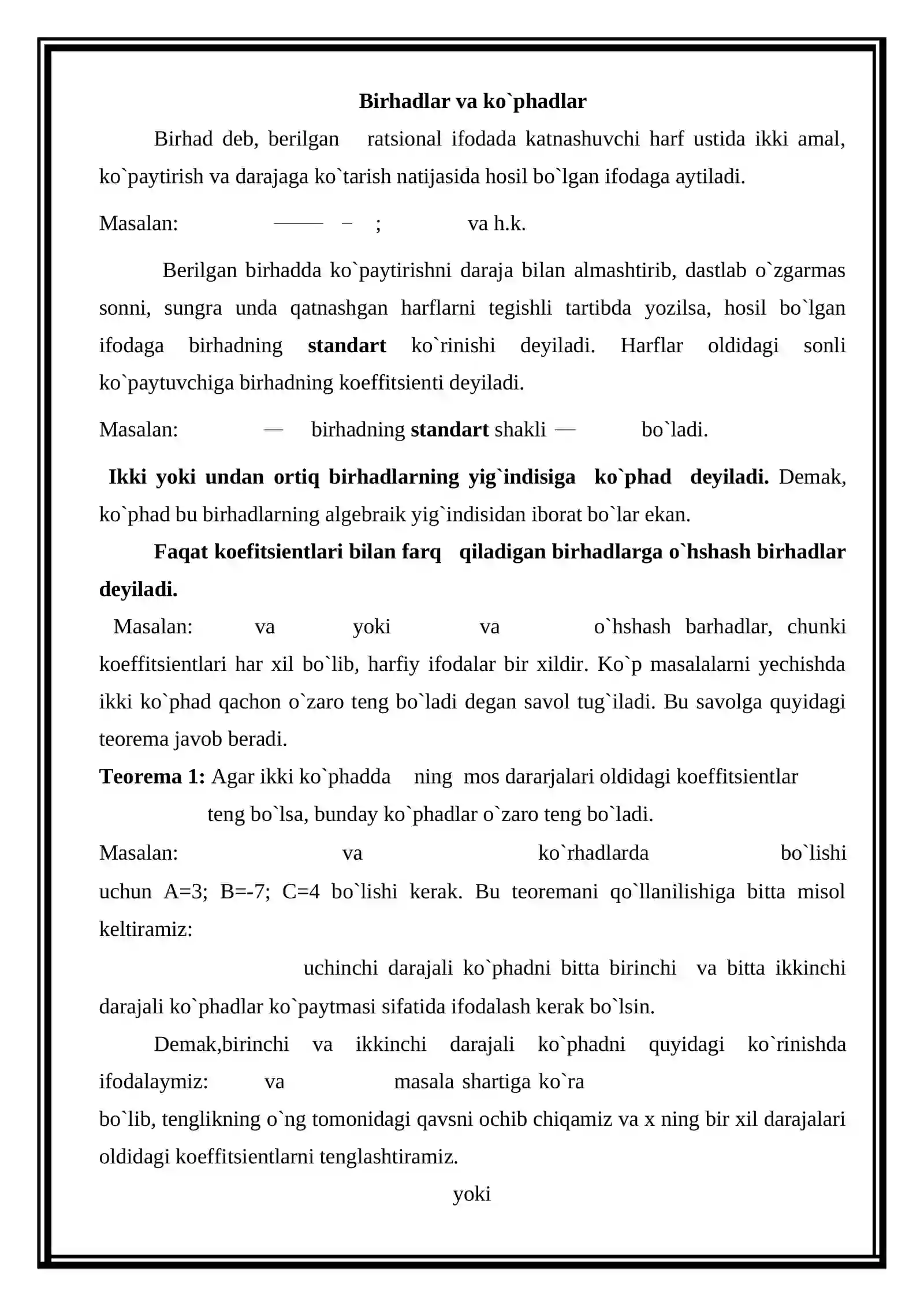 Ko’pxadlar ustida amalar